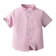 thumbnail image 1 of LYHaoo Spring Summer Boys Short Sleeved Shirt Solid Color Single Cotton Cardigan Children's Shirt Cute Tops Sizes 6-7 Years Pink, 1 of 3
