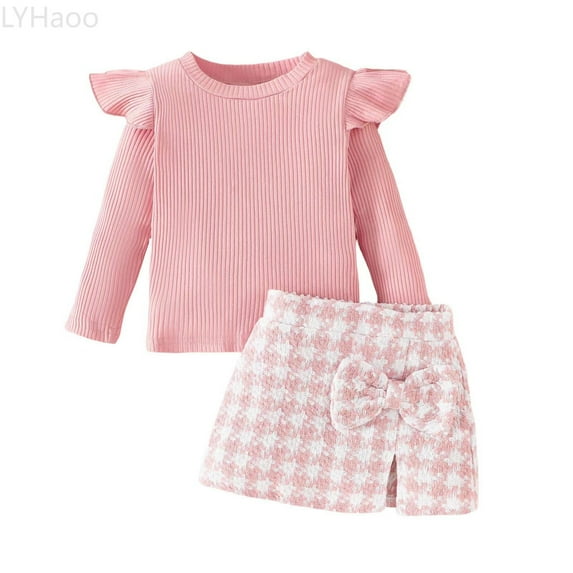 LYHaoo Stylish Fall And Winter Long Sleeve Outfit For Toddler And Little Girls Cozy Two Piece Playwear Girls Outfit Sets Sizes 1-2 Years(Pink)