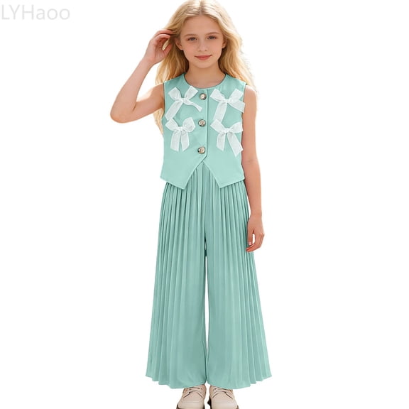 LYHaoo Stylish Girls Vest With Wide Leg Pleated Pants Fashionable Two Piece Outfit For Toddler And Kid Girls Outfit Sets Sizes 2-3 Years(Green)