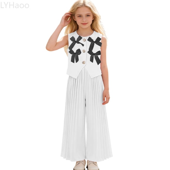 LYHaoo Stylish Girls Vest With Wide Leg Pleated Pants Fashionable Two Piece Outfit For Toddler And Kid Girls Outfit Sets Sizes 2-3 Years(White)