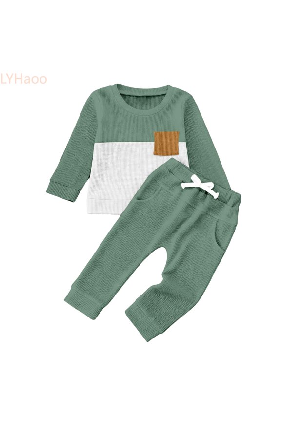 Stylish Two Tone Long Sleeve Crewneck Pullover And Pants Outfit For Toddler And Little Boys Comfortable Casual Playwear Boys Outfit Sets Sizes (0-6 Months)