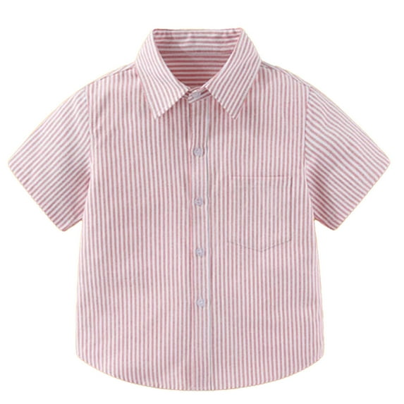 LYHaoo Summer Children's Large Sized Short Sleeved Button Down Striped Shirt With Fresh Design Suitable For Both Casual And Formal Occasions. Holiday Summer Sizes 3-4 Years Pink