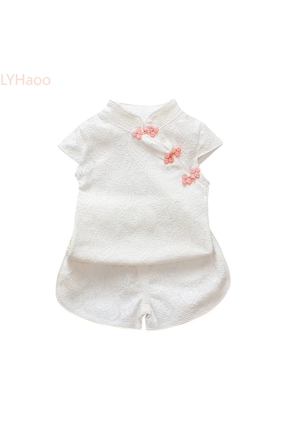 Summer Flower Cheongsam Kid Qipao Children Dress Skirt Tang Suit Cute Toddler Kids Chinese Traditional Dress,Vintage Girls Dress Sizes 3-4 Years White