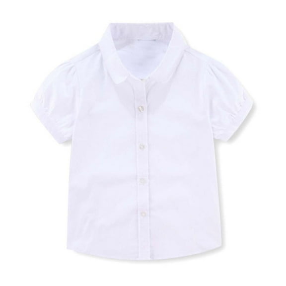 LYHaoo Summer Girls Children's Primary School Students' Short Sleeved Puff Sleeved V Neck White Shirt Versatile Casual Performance Outfit School Top School Uniform Sizes 4-5 Years White