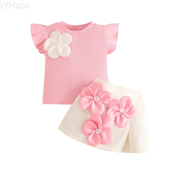 LYHaoo Summer Toddler Girls Fly Sleeve Ribbed T Shirt Tops Floral Skirt Outfits Girls Outfit Sets Sizes 6-9 Months(Pink)