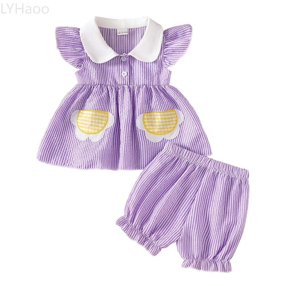 LYHaoo Summer Toddler Girls Fly Sleeve T Shirt Tops Striped Shorts Outfits Girls Outfit Sets Sizes 3-4 Years(Purple)