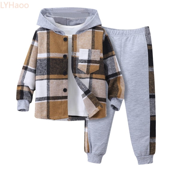 LYHaoo Toddler Boy Clothes Plaid Hooded Shirt 2 Piece Outfit: Button Front Toddler Hoodie & Sweatpants Set (3~7 Years) Boys Pants Clothing Set Sizes (3-4 Years)
