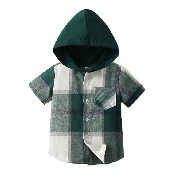 LYHaoo Toddler Boys Girls Short Sleeve Summer Casual Plaid Prints Gentleman Hooded Tops Holiday Shirts T Shirt Classic Fit Sizes 3-4 Years Green