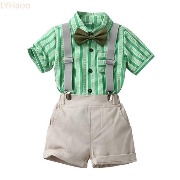 LYHaoo Toddler Boys Short Sleeve Striped T Shirt Tops Suspenders Shorts Child Kids Gentleman Outfits Boys School Clothing Sets Sizes (2-3 Years)