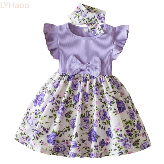 LYHaoo Toddler Children Girls Fly Sleeve Flowers Prints Bowknot Dresses Clothes Headband Suit,Princess Casual Dresses Sizes 9-12 Months Purple
