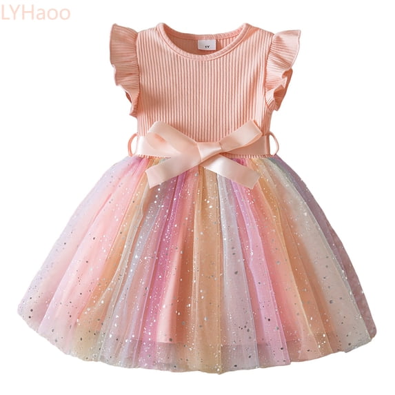 LYHaoo Toddler Children Girls Fly Sleeve Prints Bowknot Dresses Mesh Dress Clothes,Vintage Girls Dress Sizes 3-4 Years Pink