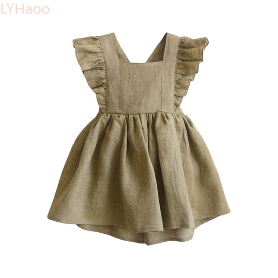 LYHaoo Toddler Girl Summer Fly Sleeve Linen Cotton Solid Print Dress Ruffle Cute Girls Princess Backless Dress,Girls A Line Dresses Sizes 2-3 Years Green