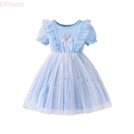 LYHaoo Toddler Girls' Lace Dress With Star Print Lightweight For Spring,Girls Basic Dresses Sizes 2-3 Years Blue