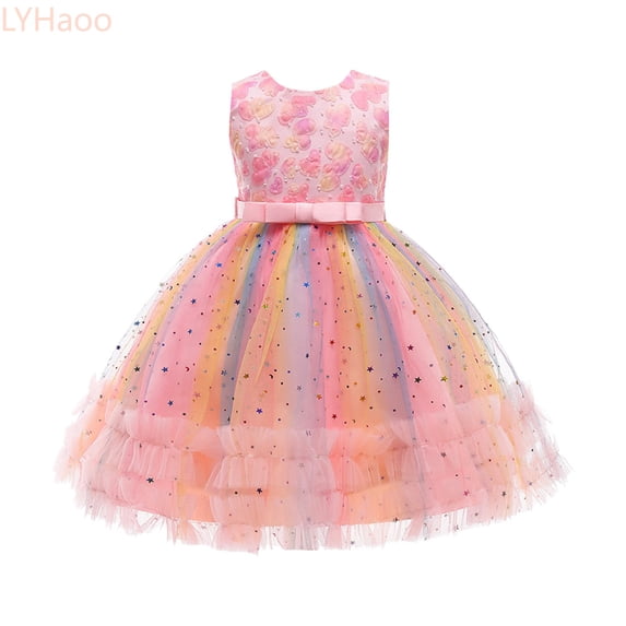 LYHaoo Toddler Kids Girls Prints Sleeveless Party Hoilday Photography Costome Court Style Tulle Mesh Dress Princess Clothes,Girls Casual Dresses Sizes 8-9 Years Pink
