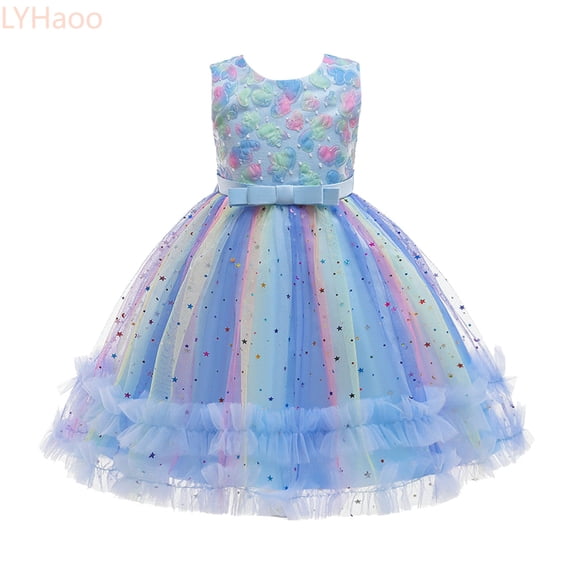 LYHaoo Toddler Kids Girls Prints Sleeveless Party Hoilday Photography Costome Court Style Tulle Mesh Dress Princess Clothes,Girls Casual Dresses Sizes 3-4 Years Blue