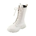 thumbnail image 1 of LYHaoo Winter Boots for Girls PU Leather Lined Warm Combat Boot Kids Lace-Up Side Zipper Mid Calf Boots Sizes 10.5 White(4-4.5 Years), 1 of 6