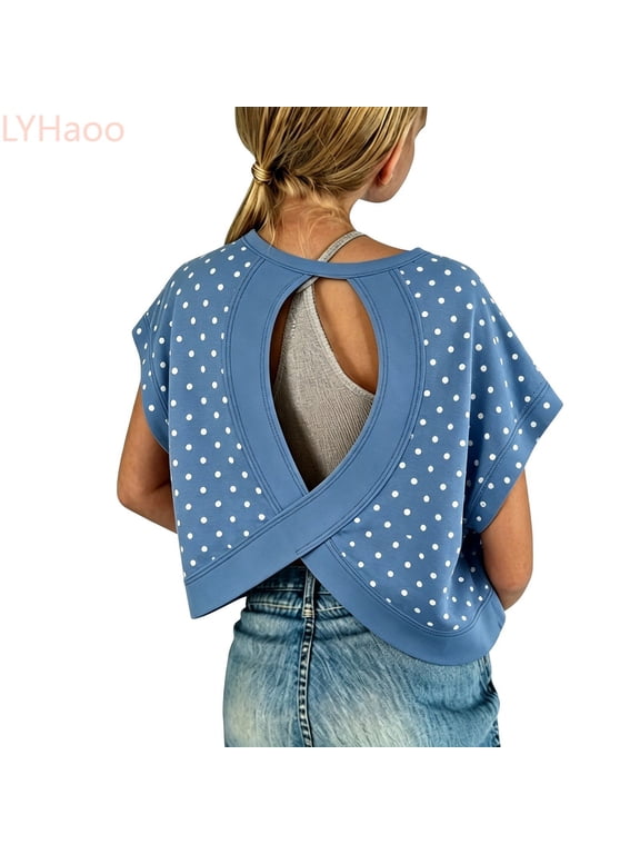 Youthful Polka Back Cutout Crop Top With Batwing Sleeves For Teens And Girls Basic Tees