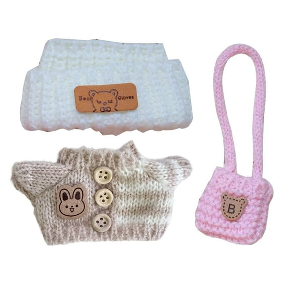 LYINGF 3-Piece Stylish Crochet Doll Sweater Clothes Set for 15cm & 17cm Dolls - Handcrafted Outfit with Exquisite Accessories for Fashionable Dress Up Style and Display Collections