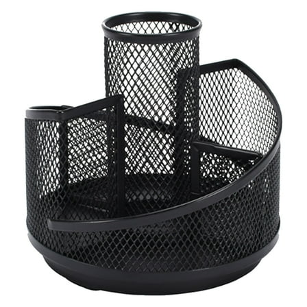 ​​LYINGF​​ 360-Degree Rotating Metal Pencil Holder - 5-Compartment Mesh Desk Organizer with Black Finish, Spinning Pen Caddy for Desktop Stationery Organization in Home or Office