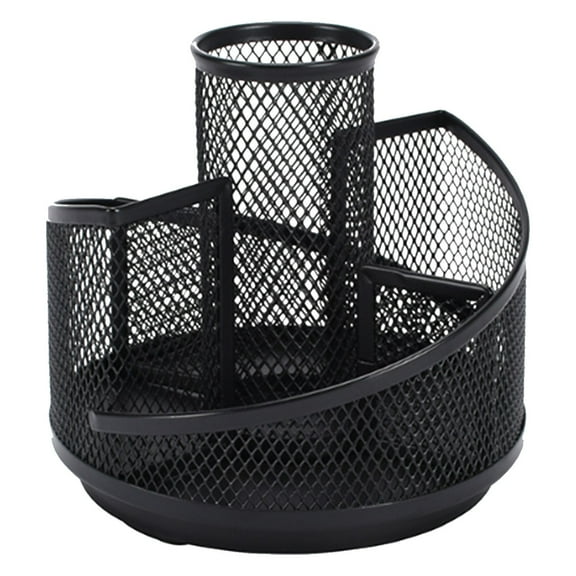 ​​LYINGF​​ 360-Degree Rotating Metal Pencil Holder - 5-Compartment Mesh Desk Organizer with Black Finish, Spinning Pen Caddy for Desktop Stationery Organization in Home or Office