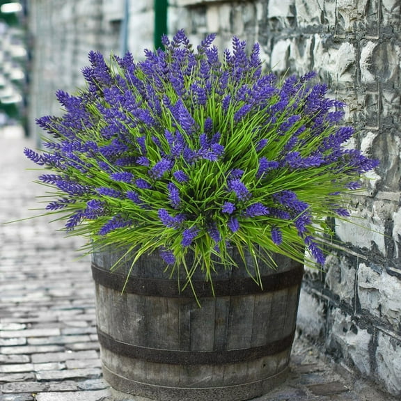 LYINGF Artificial Outdoor Flowers Lavender Greenery Plants with Monkey Grass, Resistant Faux Plants for Garden Porch Window Patio Hanging Planter Home Decor,Realistic UV Protected Artificial Shrubs