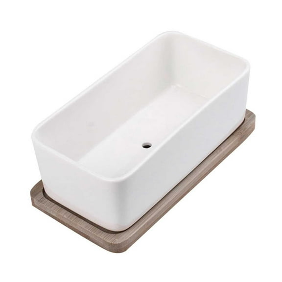 LYINGF Ceramic Tray Planter Beverage Container Rectangular Flower Pot Ceramic Succulent Planters with Drainage Bonsai Pot with Bamboo Tray,Shallow Rectangular Window Planters for Indoor Plants