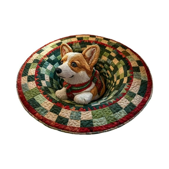 LYINGF Christmas 3D Rug - Santa and Gnome Quilted Round Mat with Optical Illusion, Decorative Area Rug for Living Room, Holiday Decor Featuring Skeleton and Dog Pattern