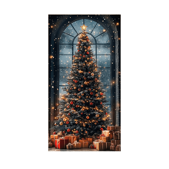 ​​LYINGF​​ Santa Christmas Tree Door Cover Decoration - Festive Holiday Entryway Decor with Vibrant Christmas Tree Design, Easy-to-Hang Fabric Panel for Seasonal Home Celebrations