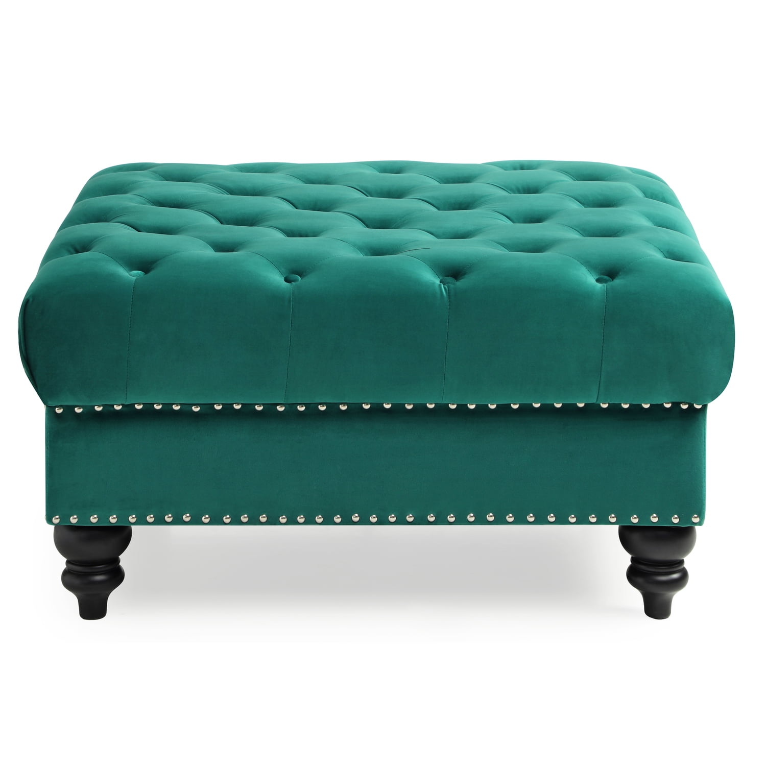 Nola Tufted Velvet Ottoman with Chrome Nailheads in Green