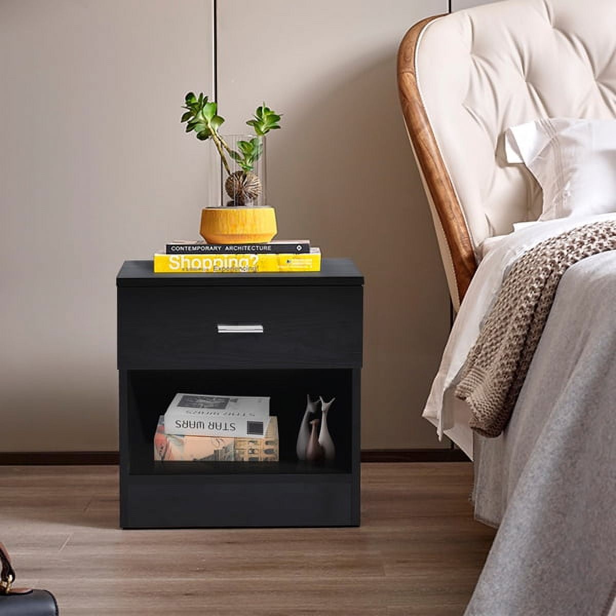 LYL 1 Drawer Metal Handle Bedside Cabinet Night Table Black - Walmart.com