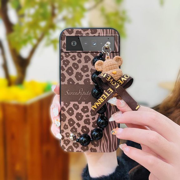 LYM-Phone Case For Google Pixel 6, Waterproof soft case Anti-knock Simplicity Bear bracelet Cartoon silicone protective case cute Back Cover Black pearl pendant Dirt-resistant