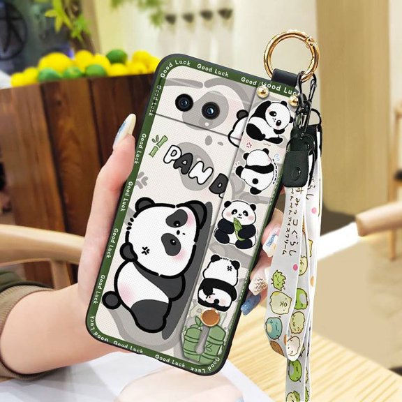 LYM-Phone Case For Google Pixel 8A, Shockproof Panda Kickstand Cute Waterproof Wrist Strap Lanyard Cartoon Anti-dust Phone Holder Durable Anti-knock Ring Protective Back Cover Soft case
