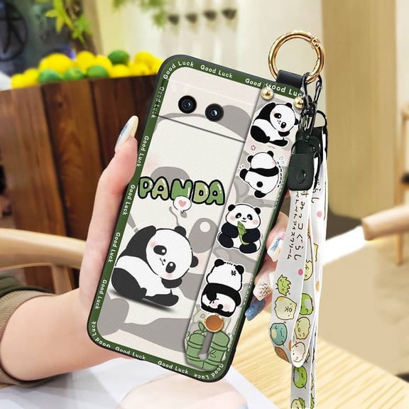 LYM-Phone Case For Google Pixel 8A, Soft case Lanyard Durable Ring Fashion Design Silicone Waterproof Back Cover Wristband Shockproof Kickstand Wrist Strap Phone Holder Panda Cartoon