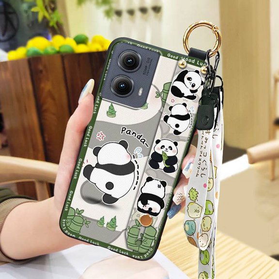 LYM-Phone Case For MOTO Edge 5G 2024, Ring Silicone Fashion Design Protective Cartoon Panda Durable Anti-dust Lanyard Wrist Strap Anti-knock Soft case Cute Dirt-resistant Shockproof