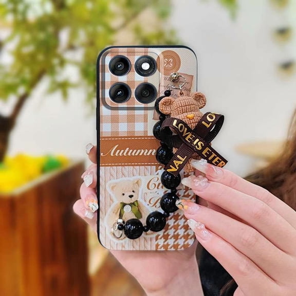LYM-Phone Case For MOTO G 5G 2025, protective case cute Waterproof Black pearl pendant Back Cover Skin-friendly feel Dirt-resistant Cartoon Bear bracelet Anti-knock Simplicity silicone