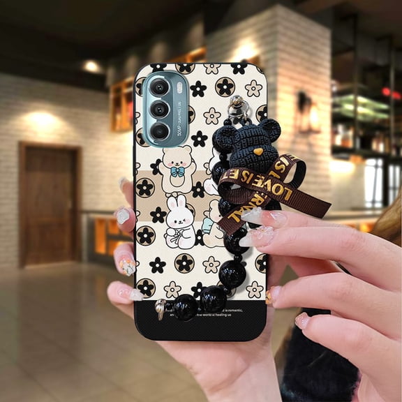 LYM-Phone Case For MOTO G Stylus 5G 2022, protective case Cartoon Skin-friendly feel Simplicity soft case silicone Waterproof Dirt-resistant cute Bear bracelet Black pearl pendant