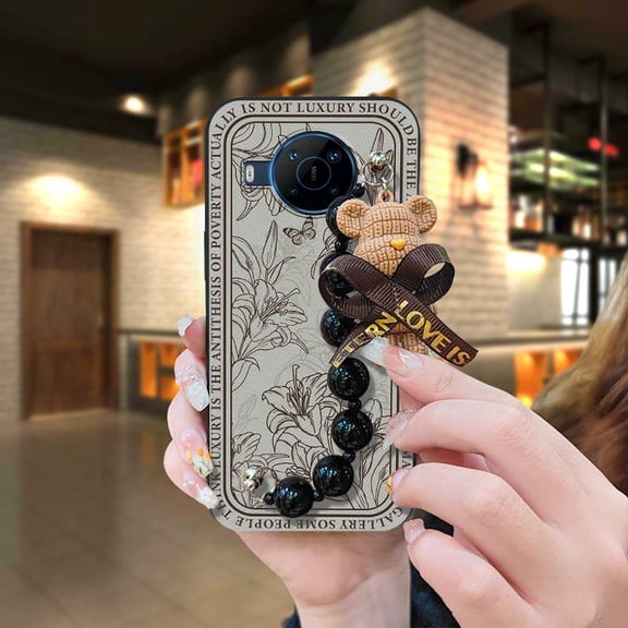 LYM-Phone Case For Nokia X100, Simplicity Bear bracelet Skin-friendly feel Cartoon Black pearl pendant protective case soft case Back Cover Waterproof silicone Dirt-resistant cute