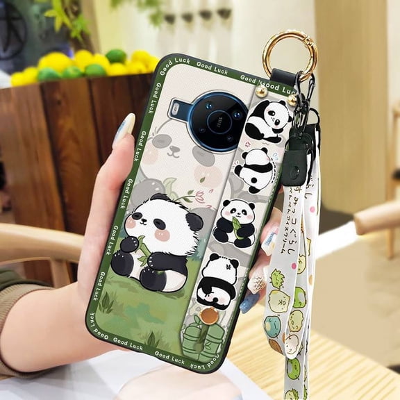 LYM-Phone Case For Nokia X100, Wristband Ring Soft case Shockproof Phone Holder Durable Silicone Protective Anti-dust Waterproof Back Cover Kickstand Anti-knock Wrist Strap Panda Lanyard