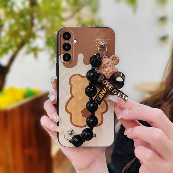 LYM-Phone Case For Samsung Galaxy A15, cute soft case Cartoon Simplicity Dirt-resistant Black pearl pendant Anti-knock Bear bracelet Back Cover protective case Skin-friendly feel