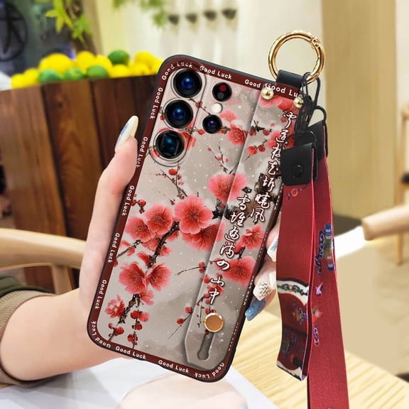 LYM-Phone Case For Samsung Galaxy S25 Ultra, Ring For Mom Wrist Strap Wristband Silicone Chinese style Back Cover Anti-knock Lanyard Waterproof Phone Holder Dirt-resistant Kickstand