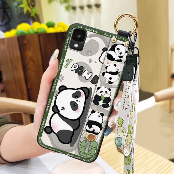 LYM-Phone Case For TCL 30Z/30LE/T602DL, Lanyard Dirt-resistant Soft case Shockproof Anti-dust Anti-knock Back Cover Kickstand Silicone Waterproof Cute Wrist Strap Ring Wristband Panda