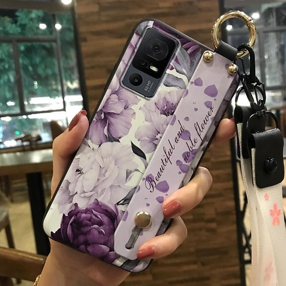 LYM-Phone Case For TCL 40XL/40T/T608D/Lively Jitterbug Smart4, Kickstand Fashion Design Shockproof Protective Anti-dust Durable Anti-knock Silicone Lanyard Waterproof Phone Holder Flower