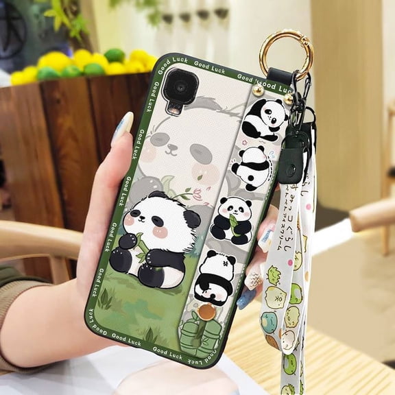 LYM-Phone Case For TCL A3/A509DL, Soft case Back Cover Fashion Design Lanyard Shockproof Anti-knock Wrist Strap Phone Holder Durable Kickstand Cute Waterproof Wristband Ring Panda