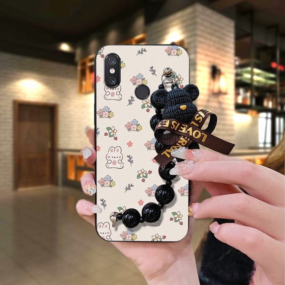LYM-Phone Case For Xiaomi Mi 8, Cartoon Waterproof cute protective case soft case Skin-friendly feel silicone Back Cover Bear bracelet Dirt-resistant Black pearl pendant Anti-knock