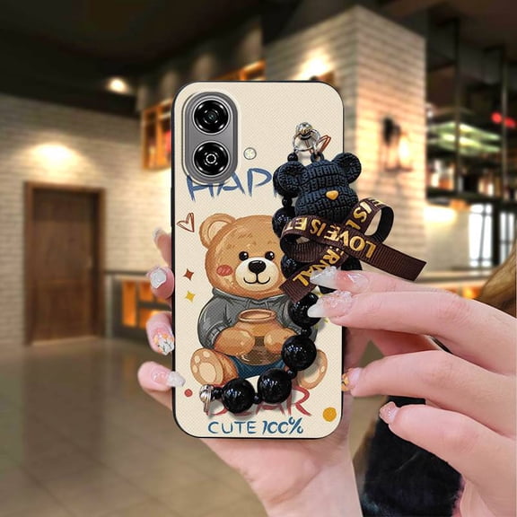 LYM-Phone Case For ZTE Blade A36E, Cartoon protective case soft case Black pearl pendant Dirt-resistant Simplicity Anti-knock cute Back Cover Skin-friendly feel Bear bracelet silicone
