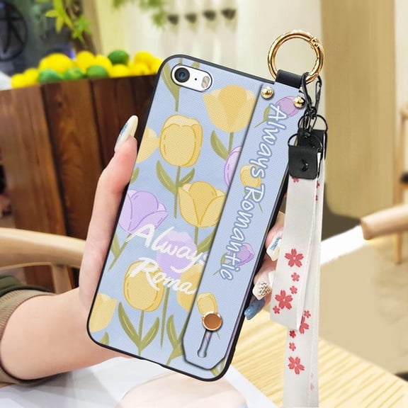 LYM-Phone Case For iphone 5/5S/SE, Anti-knock Durable Fashion Design Flower Lanyard Wristband Waterproof Back Cover Ring Phone Holder Silicone Soft case Kickstand Shockproof Anti-dust