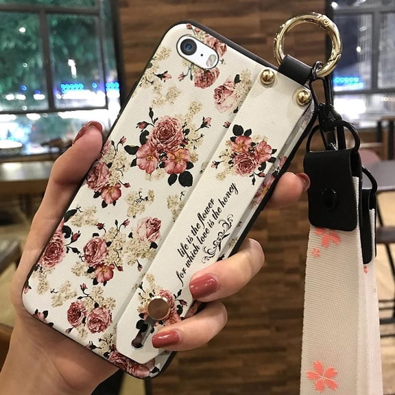 LYM-Phone Case For iphone 5/5S/SE, Kickstand Waterproof Dirt-resistant Fashion Design Back Cover Silicone Soft case Shockproof Protective Phone Holder Durable Anti-dust Wristband Flower