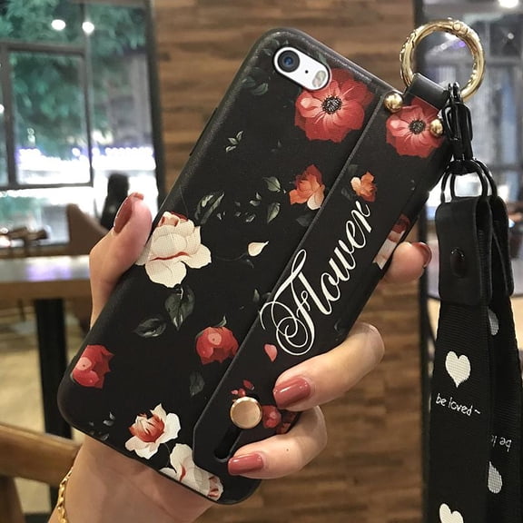 LYM-Phone Case For iphone 5/5S/SE, Shockproof Lanyard Soft case Ring Durable Phone Holder Flower Silicone Protective Dirt-resistant Kickstand Anti-dust Wrist Strap Waterproof Back Cover