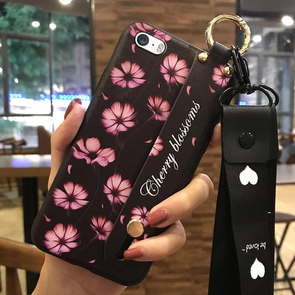 LYM-Phone Case For iphone 5/5S/SE, Silicone Wrist Strap Fashion Design Phone Holder Waterproof Kickstand Back Cover Flower Soft case Protective Anti-dust Wristband Shockproof Lanyard