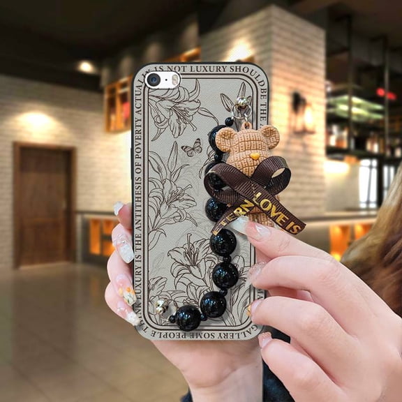 LYM-Phone Case For iphone 5/5S/SE/ip5/ip5S/ipSE, cute Simplicity soft case silicone Anti-knock Bear bracelet Skin-friendly feel Black pearl pendant Back Cover Waterproof Cartoon